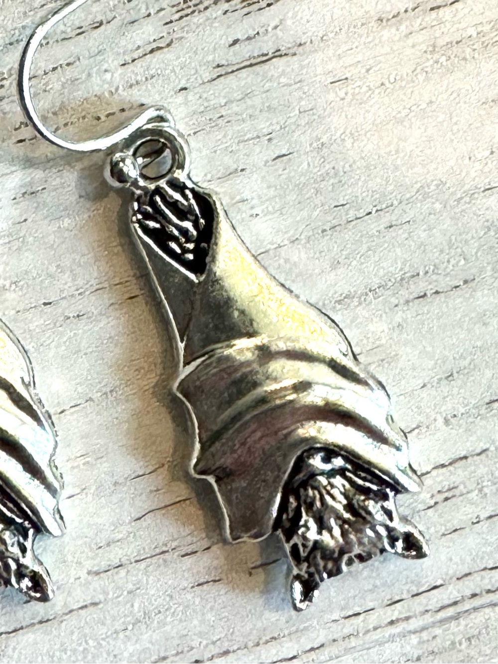 Silver Tone Hanging  Bat Wrapped in Wings Dangle Earrings  1” long - Picture 7 of 7